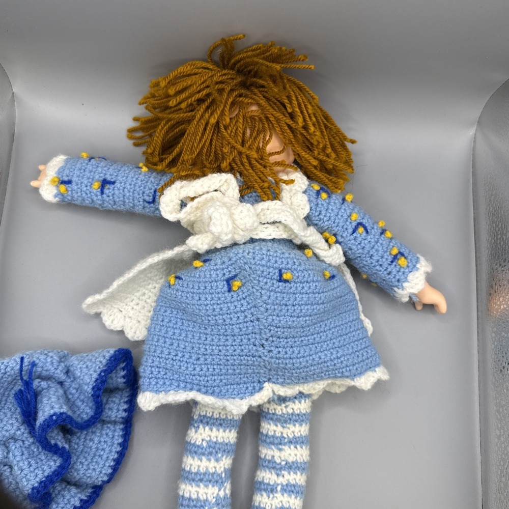 Vintage Handmade Rubber Face & Hands Doll Crocheted Apron Dress Yarn Hair 16" - Picture 6 of 8